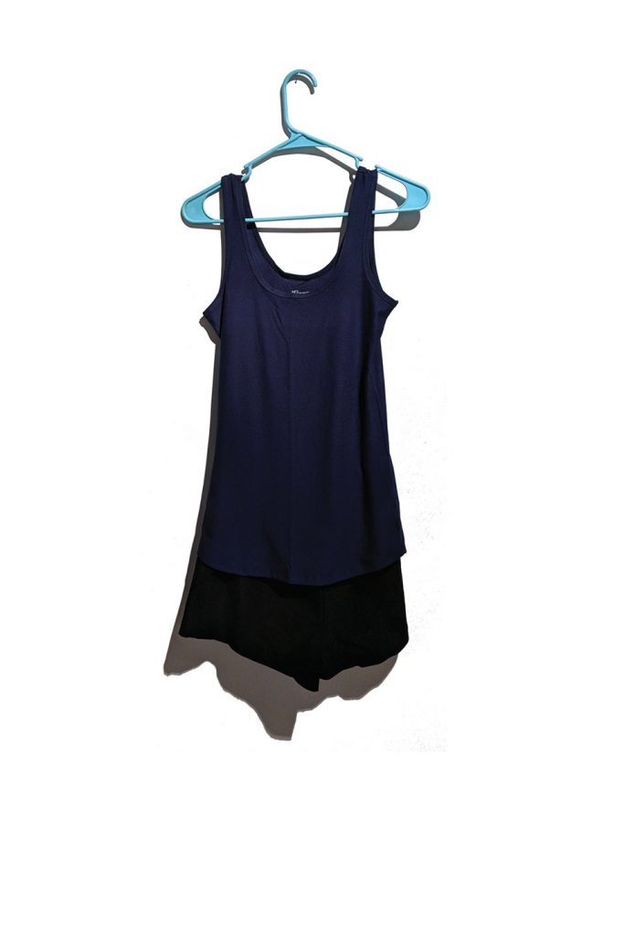 Navy blue tank top and black athletic shorts