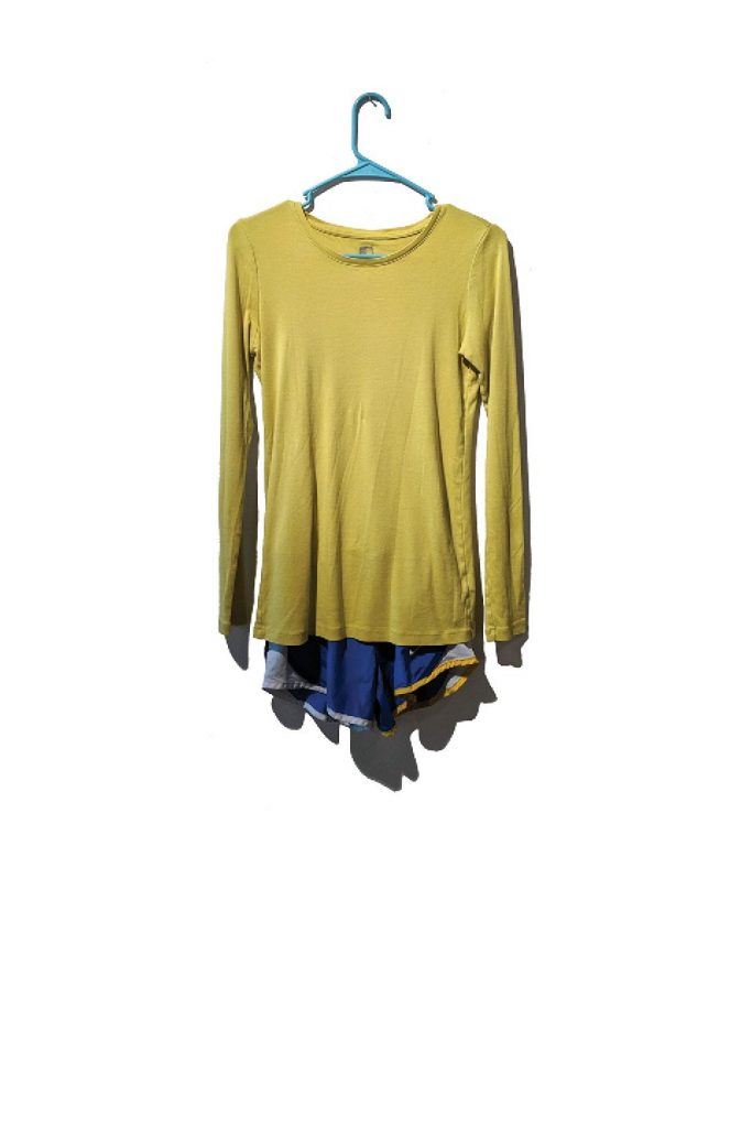 Yellow long sleeve tshirt and athletic shorts