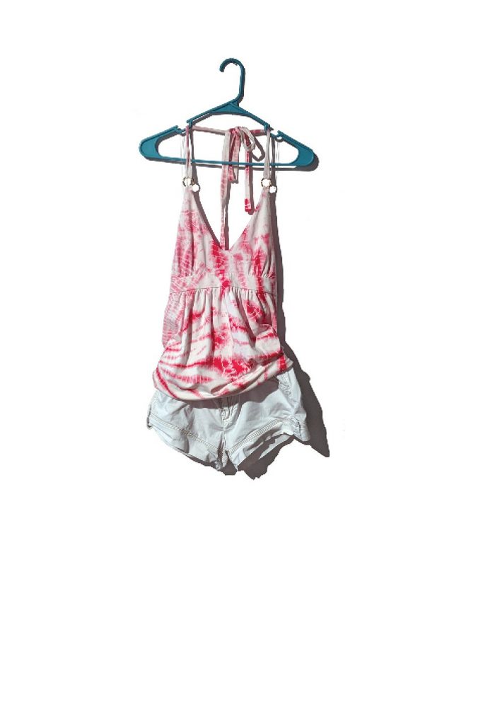 Pink and white tie-dye tank top and white shorts
