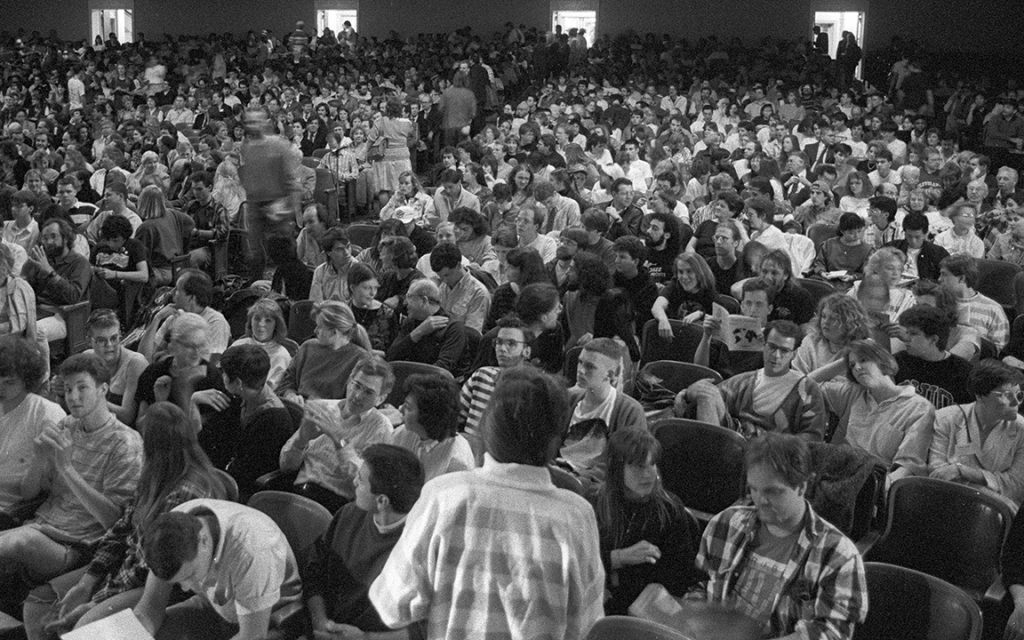 The year 2018 marks the OHIO Baker Peace Conference’s 30th year of hosting experts and creating dialogue about global peacebuilding efforts. This archival photo from 1990 speaks to the effort’s spirit and focus over the years. Photo courtesy of the Mahn Center for Archives & Special Collections.