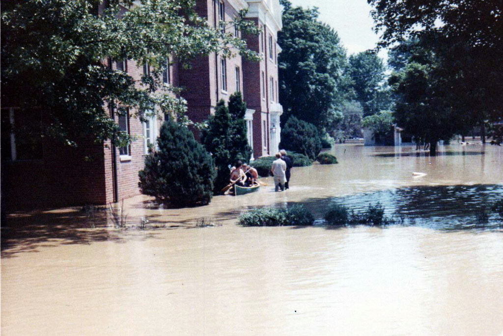 Students in canoe, 1968 flood, Athens Ohio