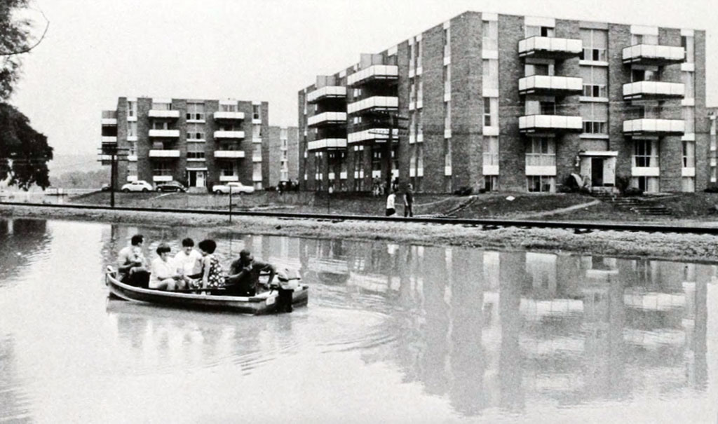 Boat ride next to Lakeview apartments. 1968 flood, Athens Ohio