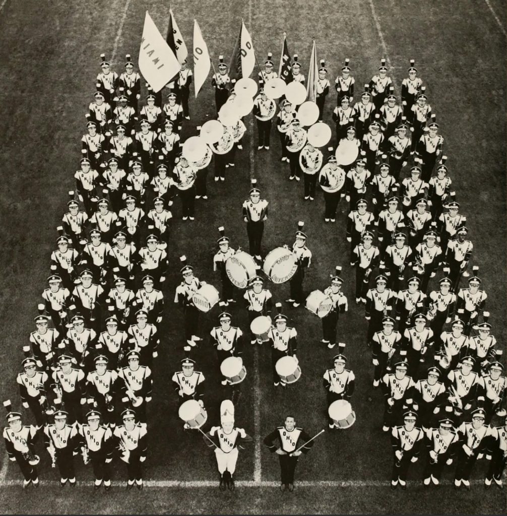 In 1966, marching band Director Gene Thrailkill introduced the high-energy style of today’s Marching 110, and eliminated women from the band. This photo from the 1968 Athena shows the band, which got a new name the same year: the 110 Marching Men of Ohio.