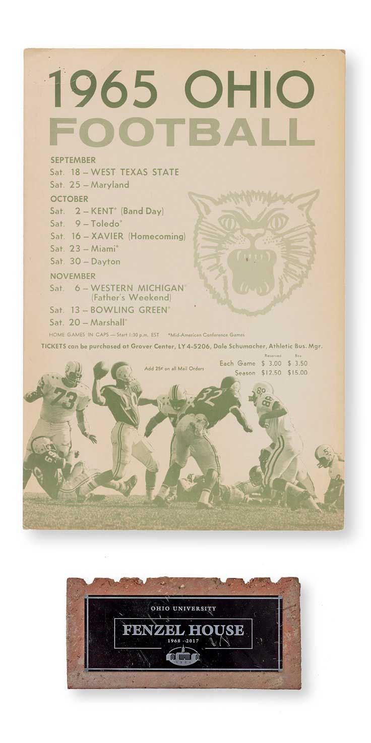 ABOVE: Bobcat fans could buy box seat OHIO Football tickets for $3.50 apiece in 1965 at Grover Center. BELOW: A brick salvaged from South Green’s Fenzel House, demolished in 2017. 