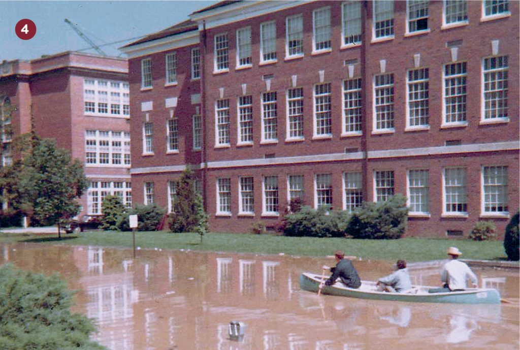 Students boating next to McCracken, 1968 flood, Athens Ohio