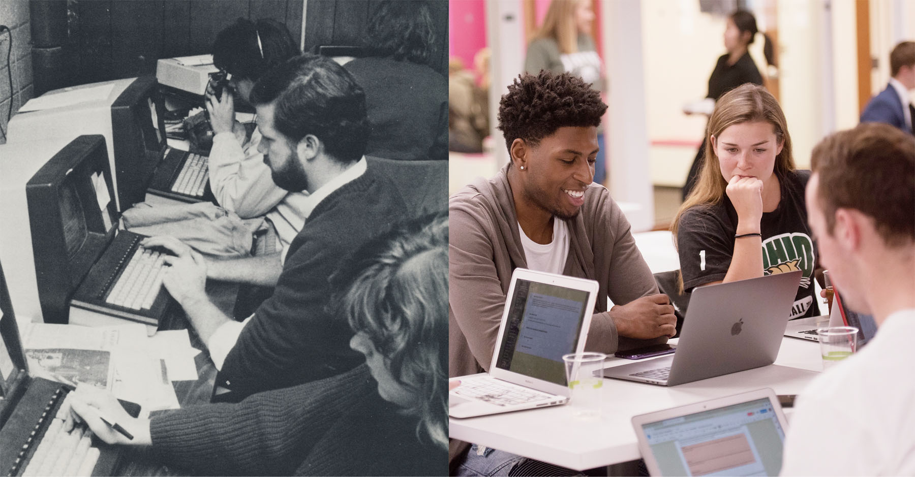 Two Images, left to right: Students in the past using early laptops. Recent students using MacBooks.