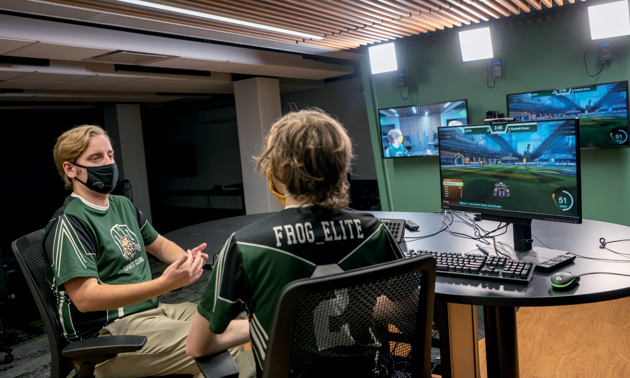 OHIO’s new esports arena, featuring this broadcast booth, is located on the ground floor of Scripps Hall and is already home to some of the courses being taught as part of the University’s esports certificate program. Photo by Ben Wirtz Siegel, BSVC ’02