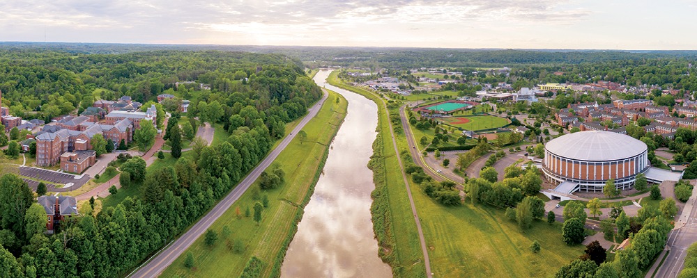 Aerial photo of the river separating the Ridges and west green