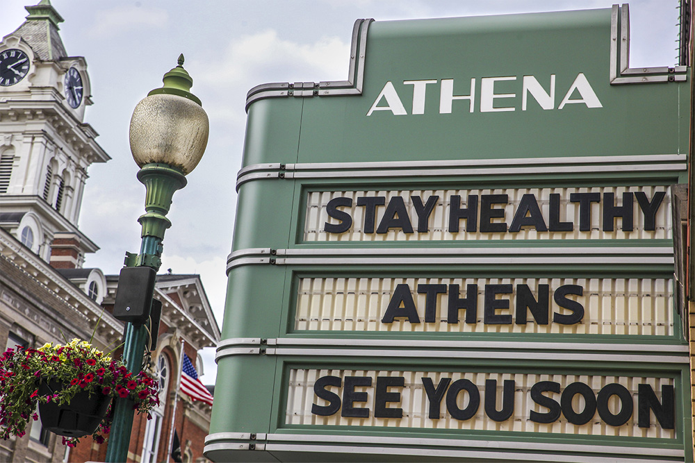 The Athena Cinema, Ohio University-owned movie theater during 2020, the marquee reads 