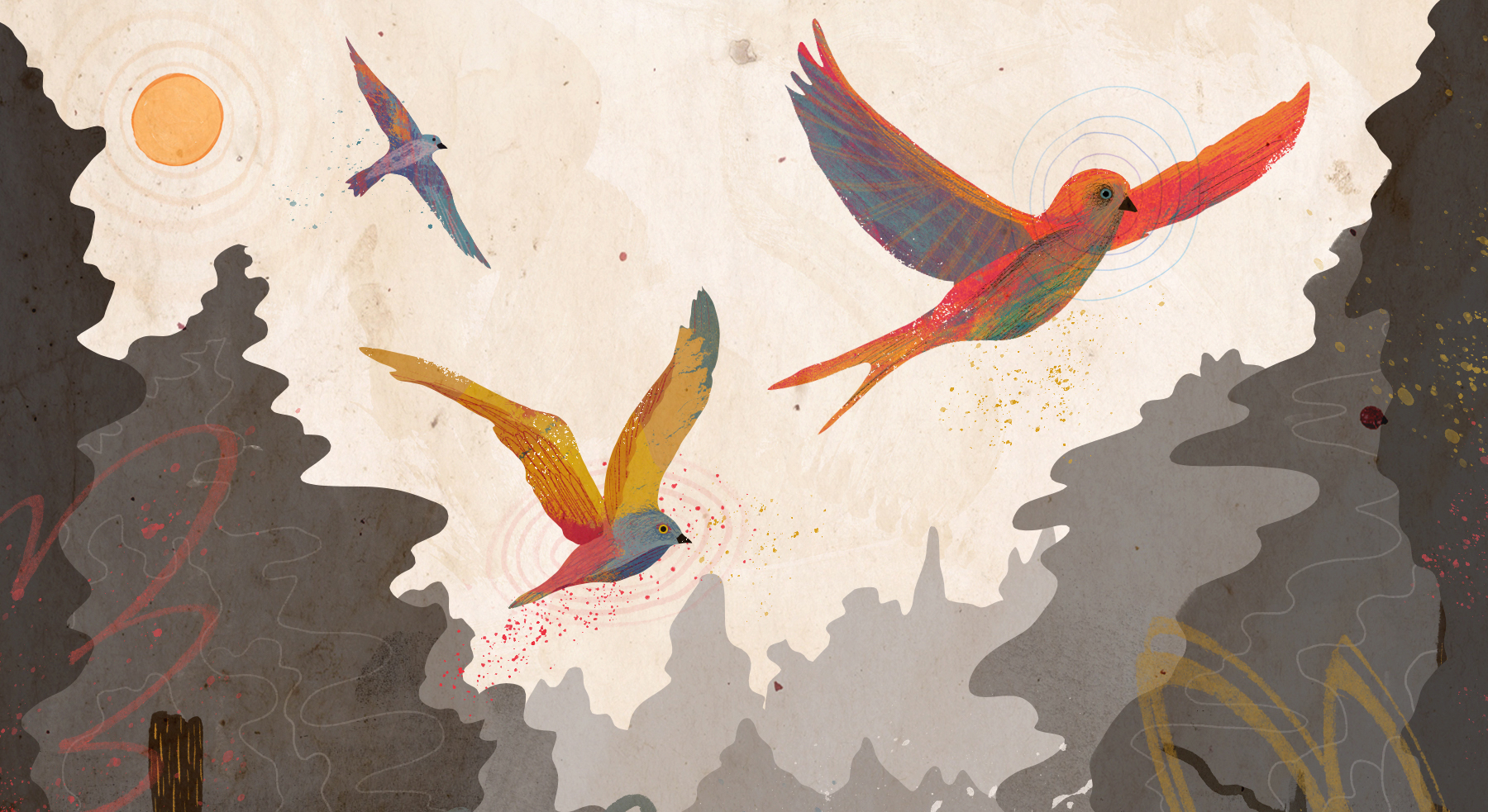 Illustration with three birds soaring