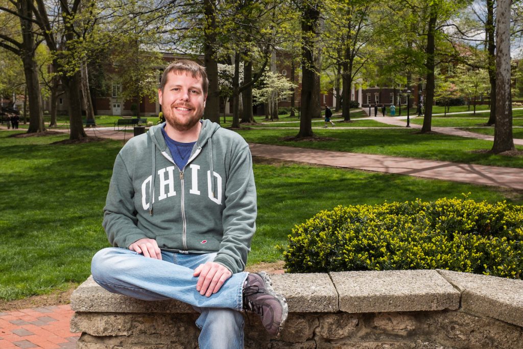 Tyler Daniels, BSGS ’16, on College Green. Photo by Rob Hardin, BSC ’08