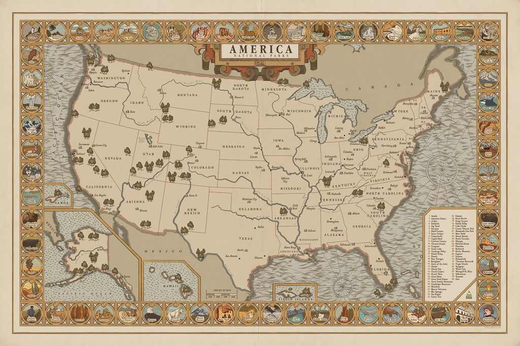 Map of the United States with markers for each of the national parks across the country