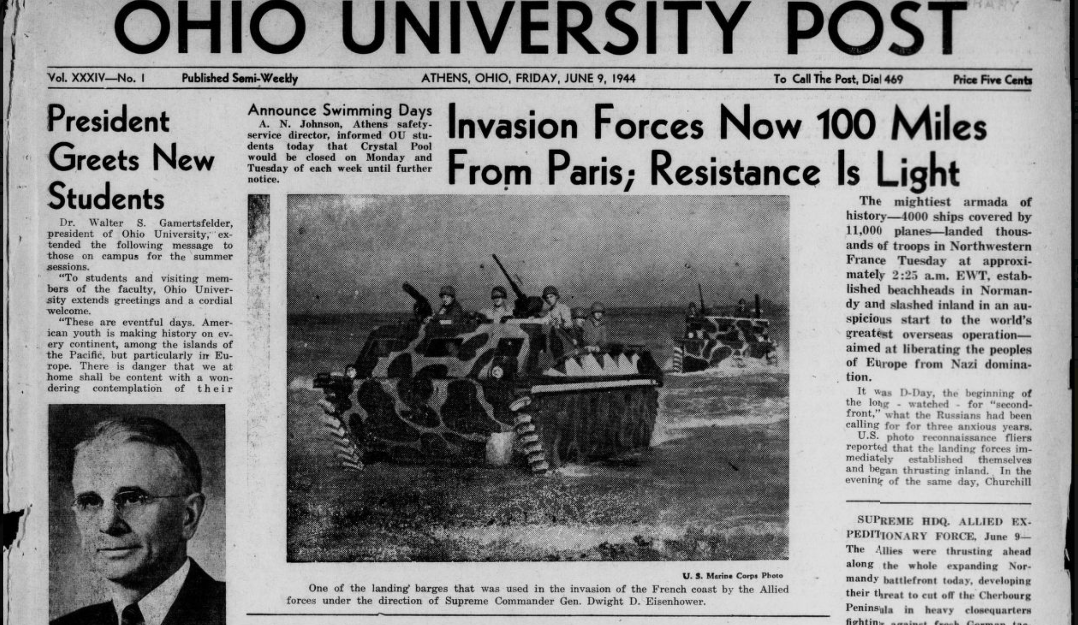 A screenshot of The Ohio University Post on June 9, 1944, describing the events of D-Day