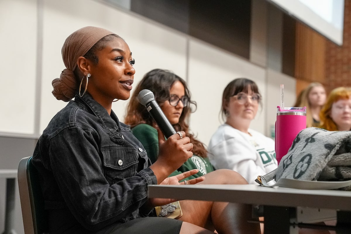 A student presents at a Bobcat Student Orientation panel in July 2024.