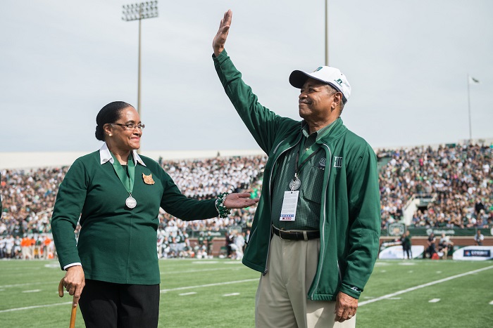 Deborah McDavis and Roderick McDavis are shown in Peden Stadium at an OHIO football game