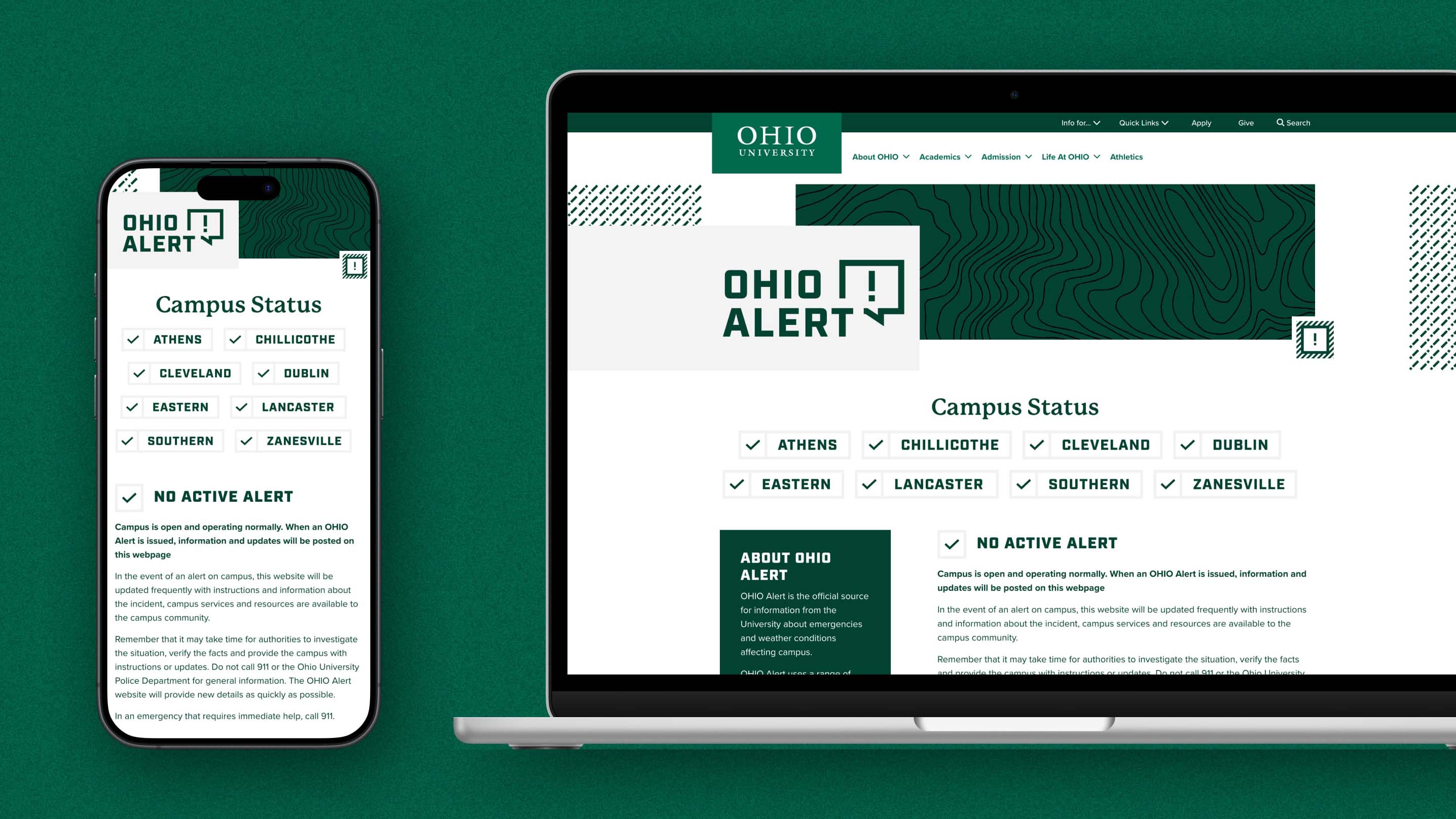 An image depicting the updated OHIO Alert webpage and campus status indicators