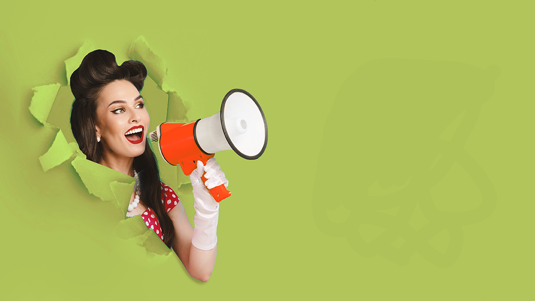 A woman in a 1950s hairstyle and dress bursts through a moss-colored background holding a rust-colored bullhorn 