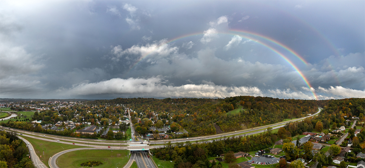 A double rainbow appears over the Ohio University Athens campus in Athens, Ohio