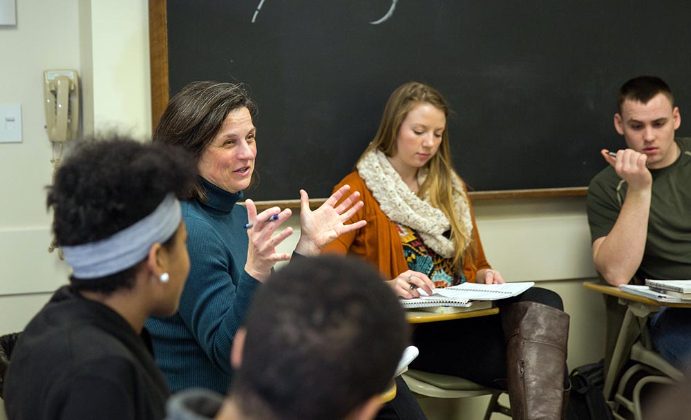 Professor Kathleen Sullivan in the classroom with students on campus at Ohio University in Athens, Ohio.