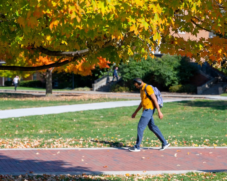 An OHIO student walks on the College Green on a Fall day