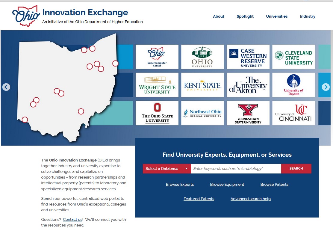 The landing page of the Ohio Innovation Exchange website