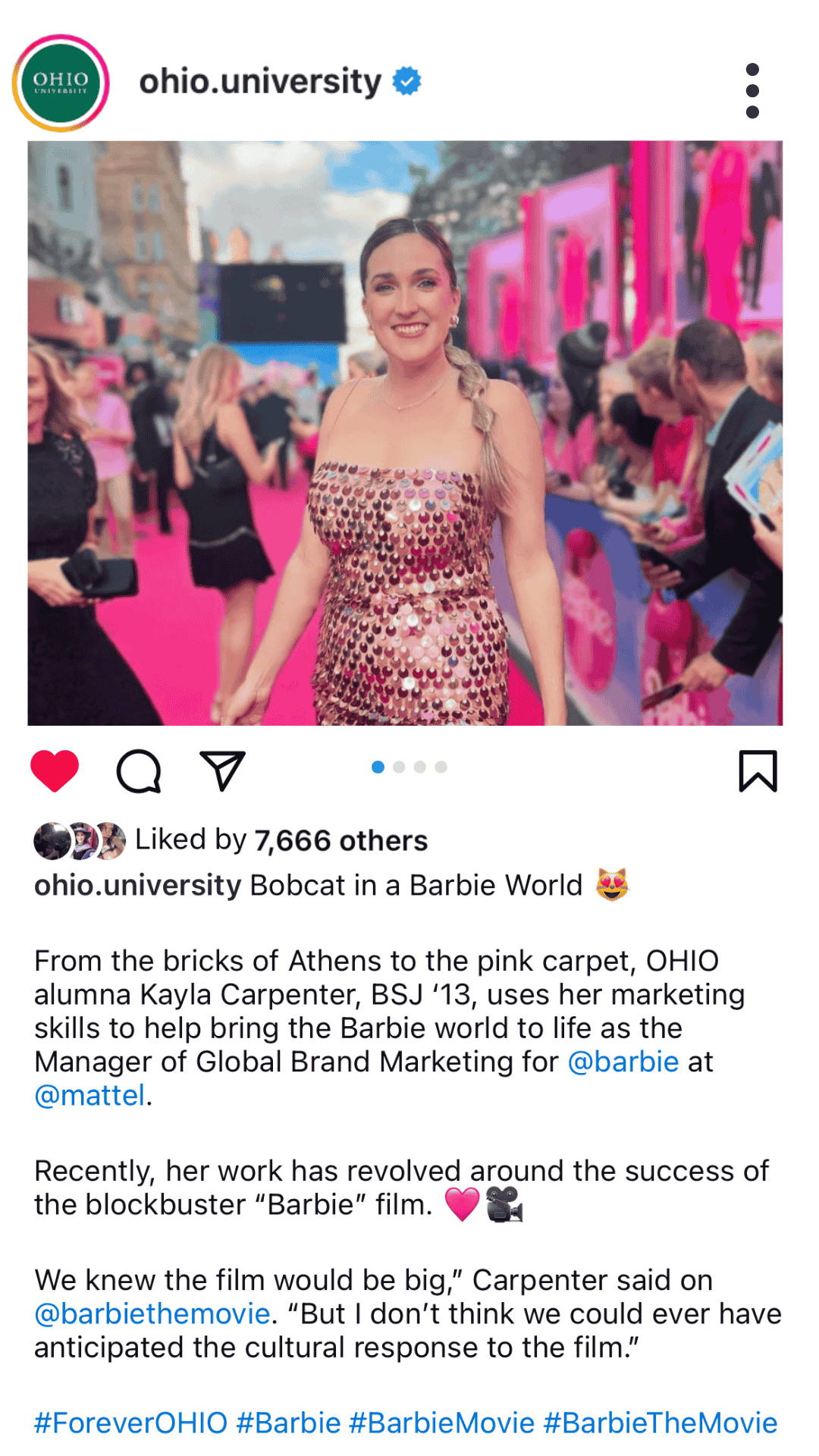 An Instagram post of an Ohio alumni at the Barbie movie premiere