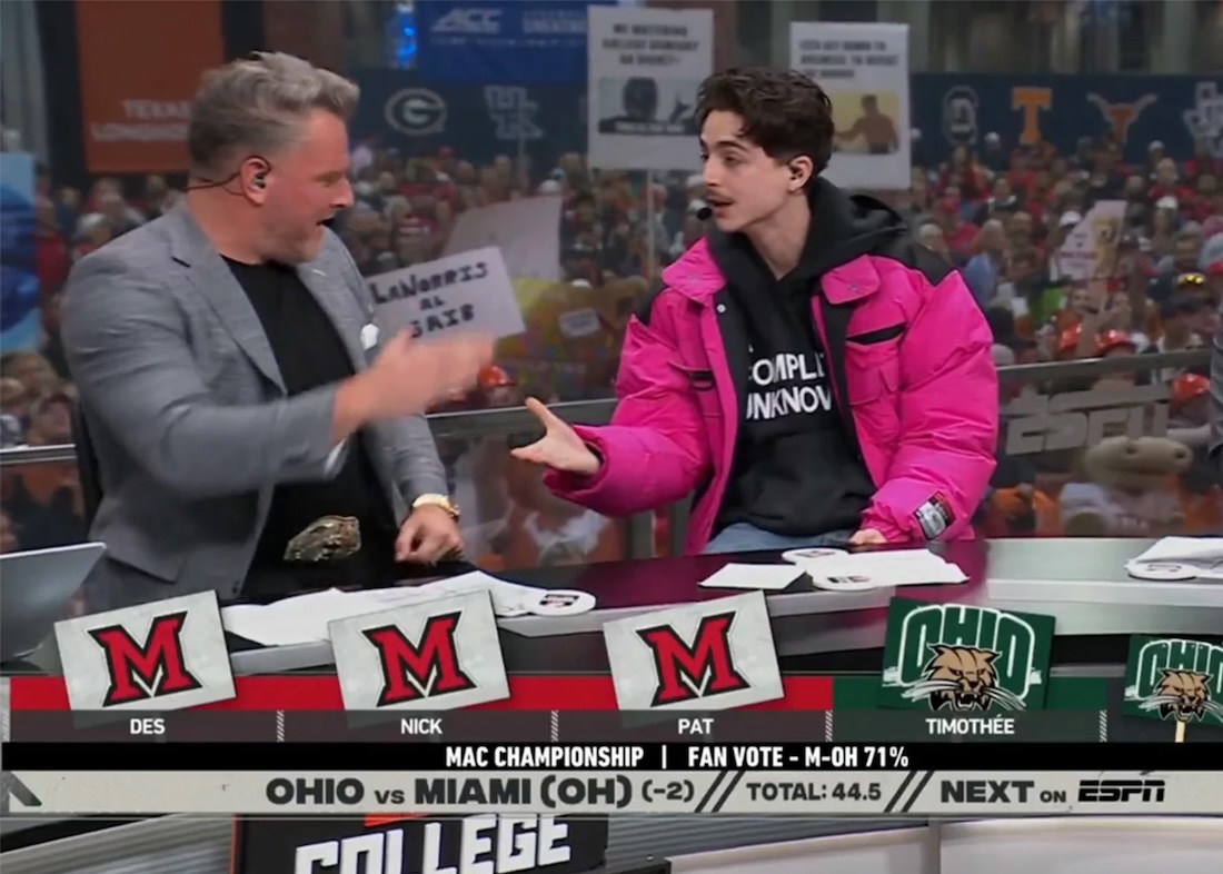 A screenshot of College Game Day, showing Timothée Chalamet predicting OHIO's win in the Mac Championship