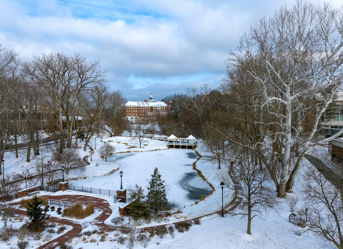 An aerial drone shot of the Athens campus on a snowy day in 2024