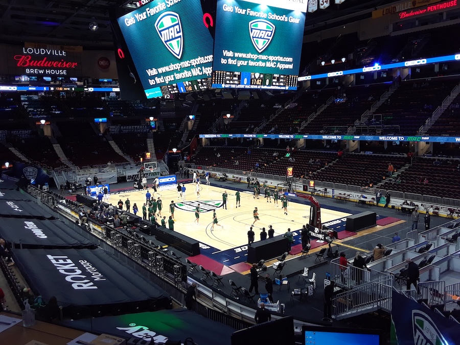 The Ohio University Convocation is pictured during a basketball game, with empty stands