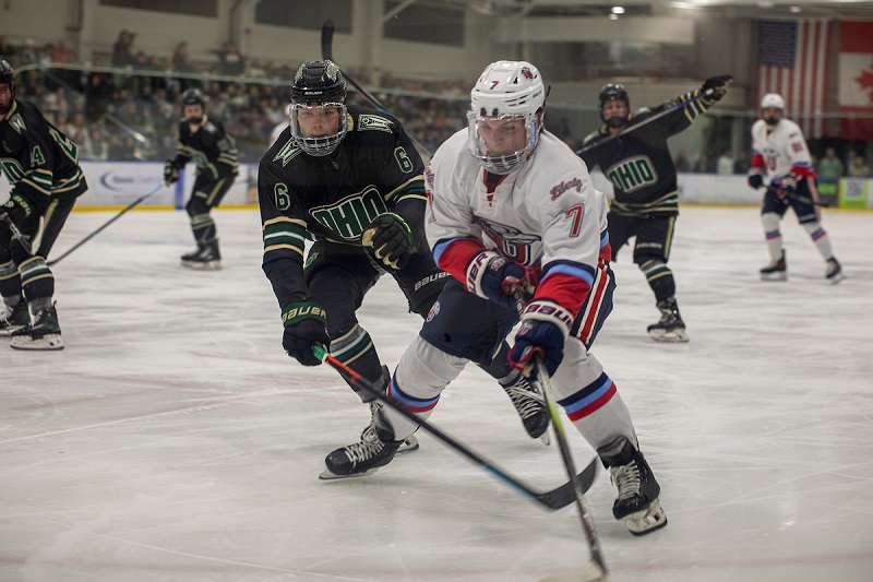 The OHIO Hockey Team is shown in a game at Bird Arena during Sibs Weekend