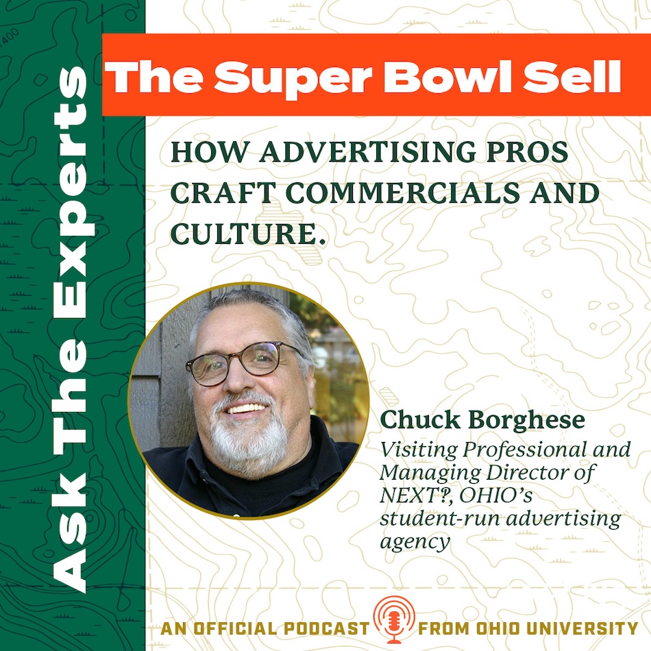 A graphic for the Super Bowl ads episode of the Ask the Experts podcast, with a photo of Chuck Borghese smiling at the camera