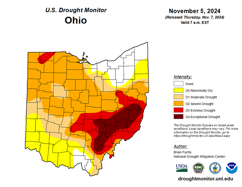 An image depicting drought levels in Ohio. 