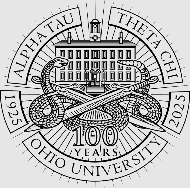 a graphic logo depicting two snake, crossed swords and Ohio University's Cutler Hall