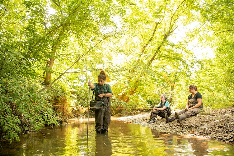 An OHIO student stands in a creek while testing the water quality and two students sit nearby and watch