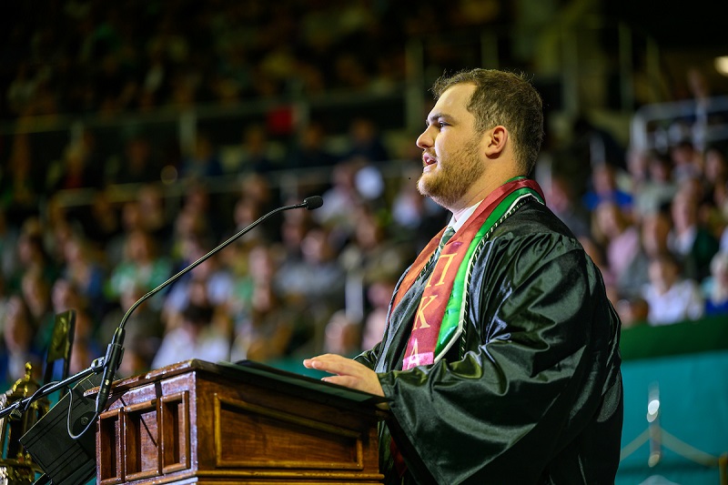 Undergraduate Student Speaker Garrett Meek gives his remarks during Spring Commencement in the Convocation Center