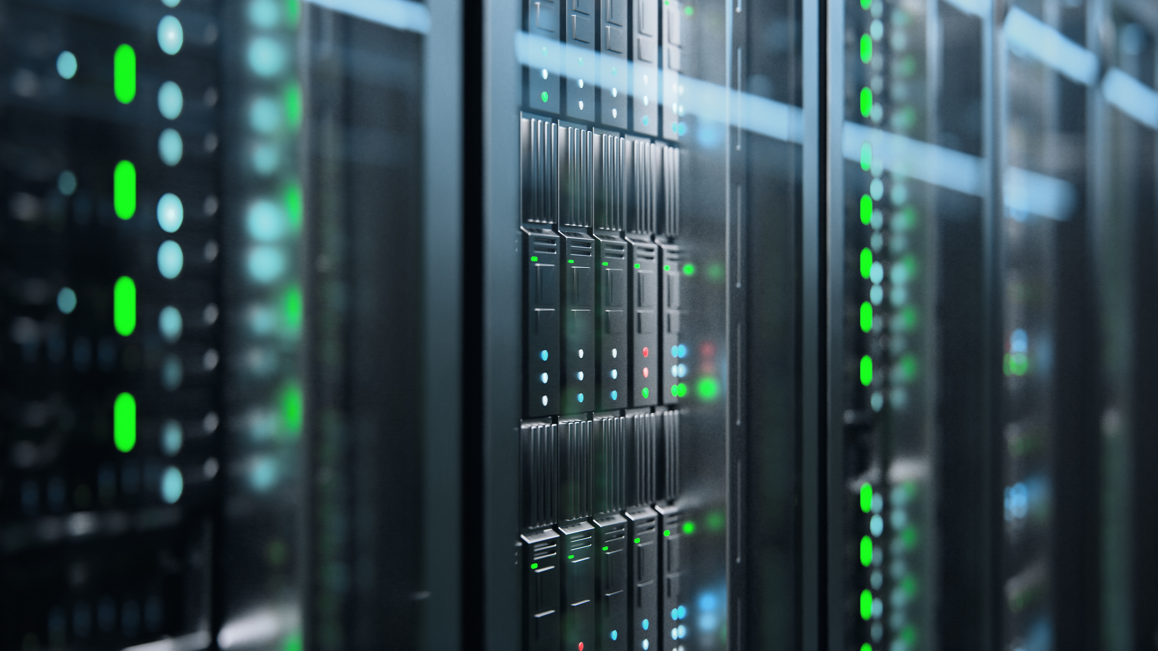 A close-up of a data center board, with lights and other technological indicators