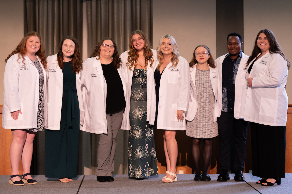 Ohio University audiology program 2025 White Coat Ceremony doctoral recipients posing together