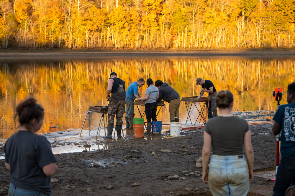 Students excavating the land in the Shoop Paleoindian site.