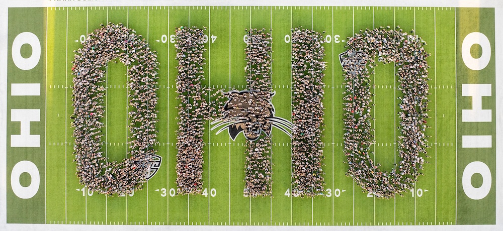 "OHIO" spelled out by people in Peden Stadium