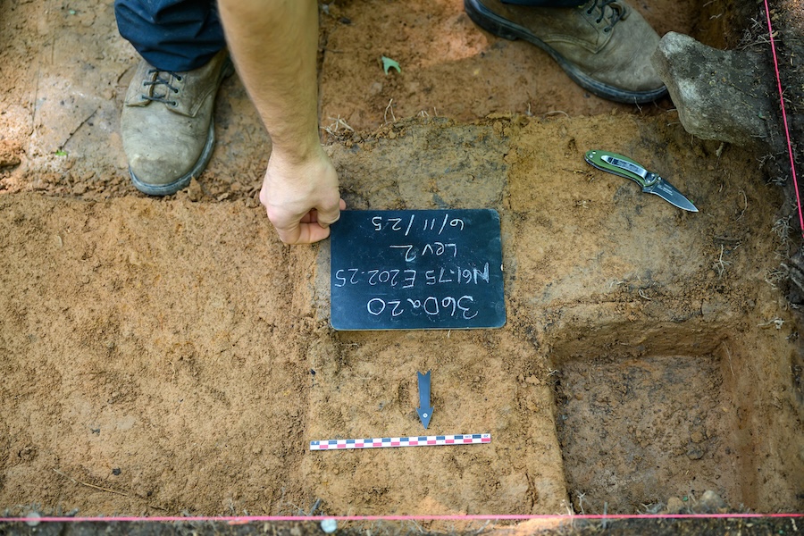 A dig is labeled with a sign at an archeological dig