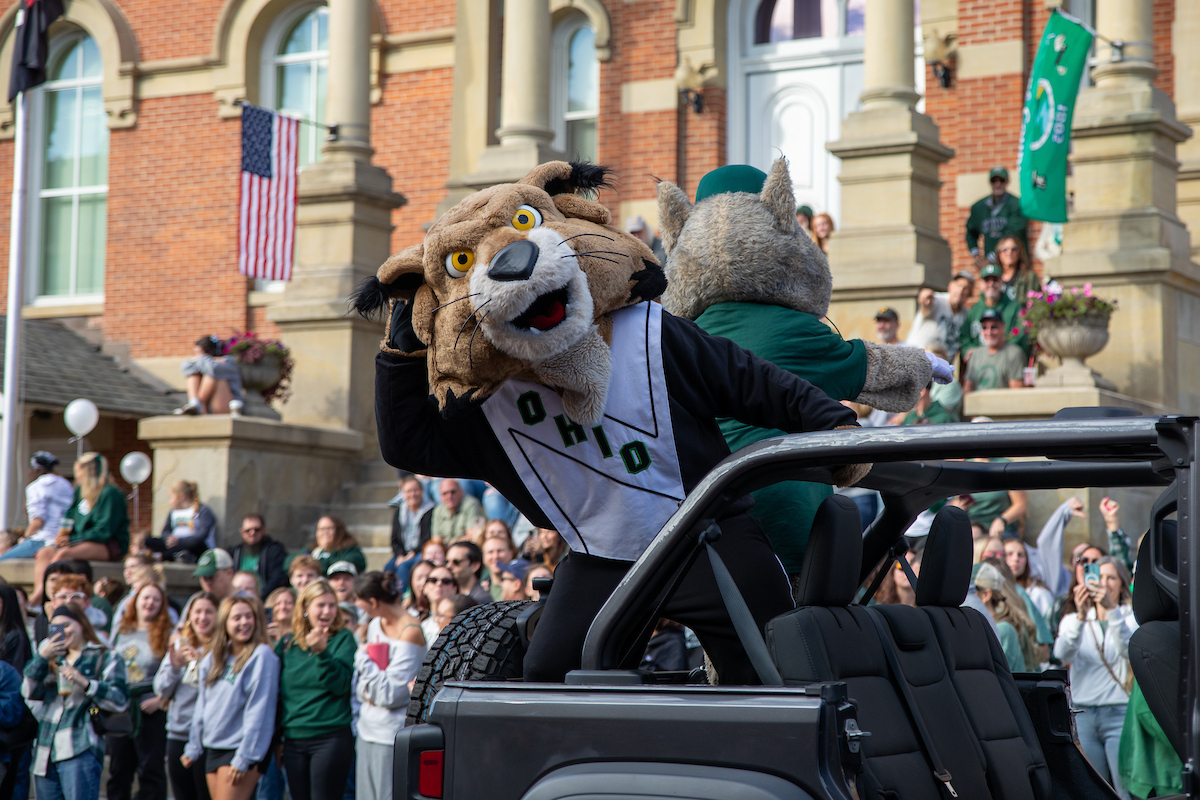 Rufus the Bobcat rides in the Homecoming Parade