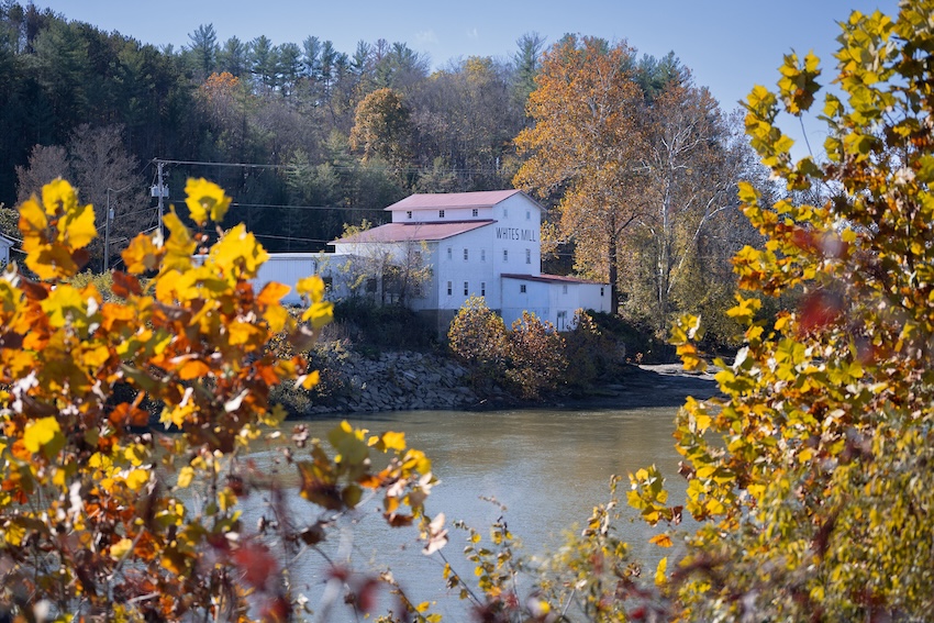 White's Mill and the Hocking River with autumn leaves