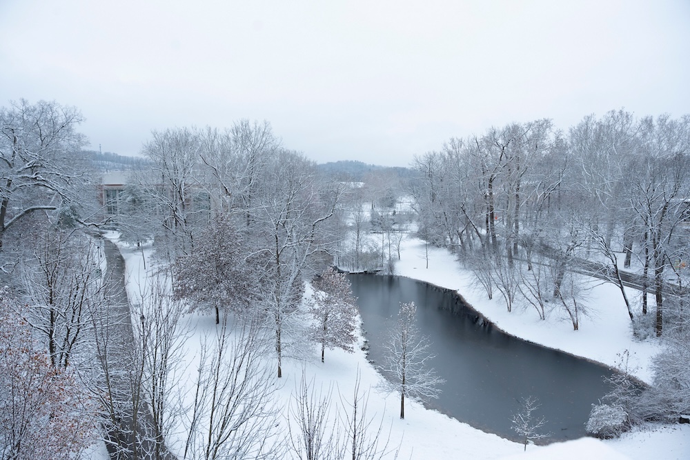 Snowy landscape of OHIO's campus viewed from Baker University Center