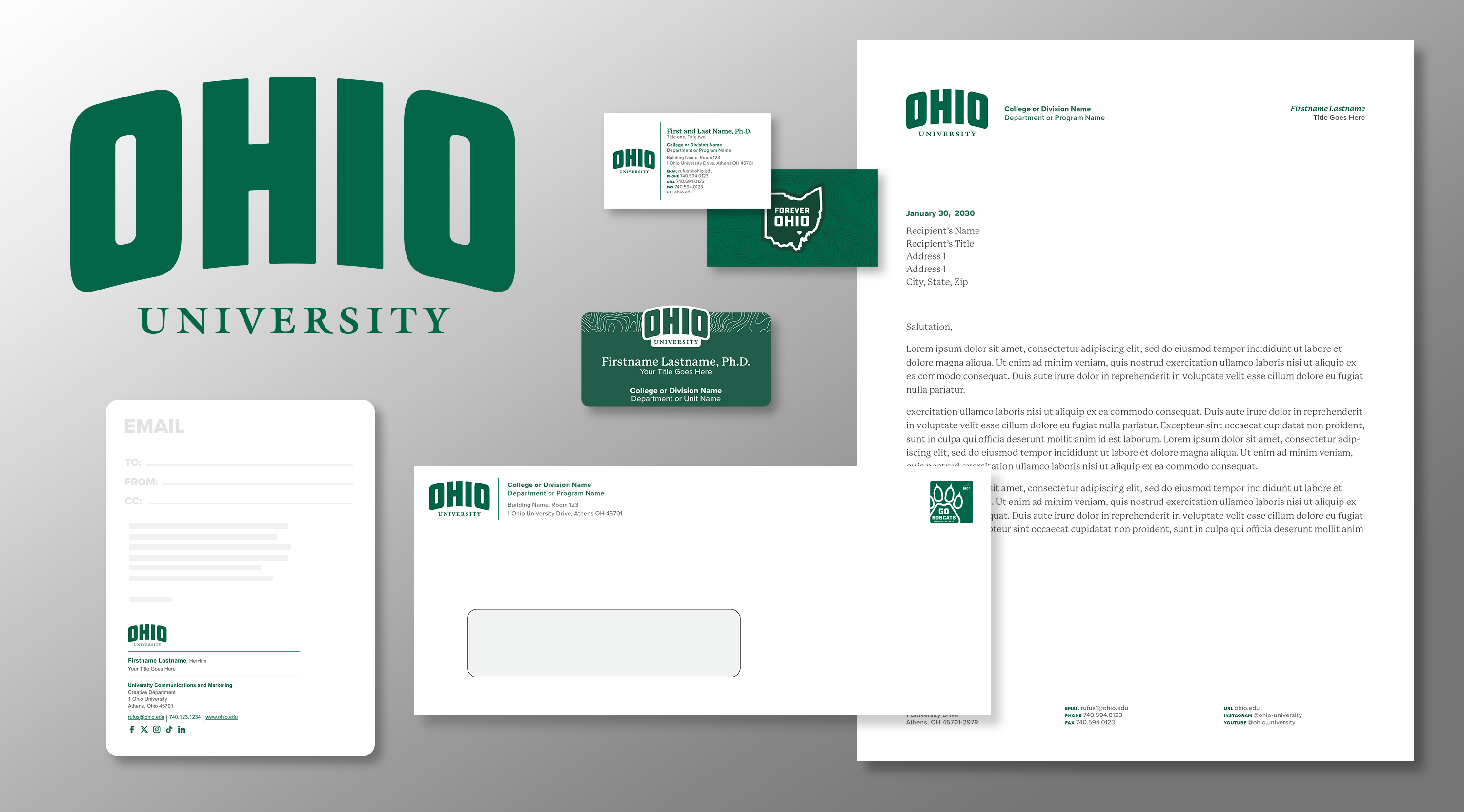 Images of the updated OHIO logo on letterhead, business cards and envelopes