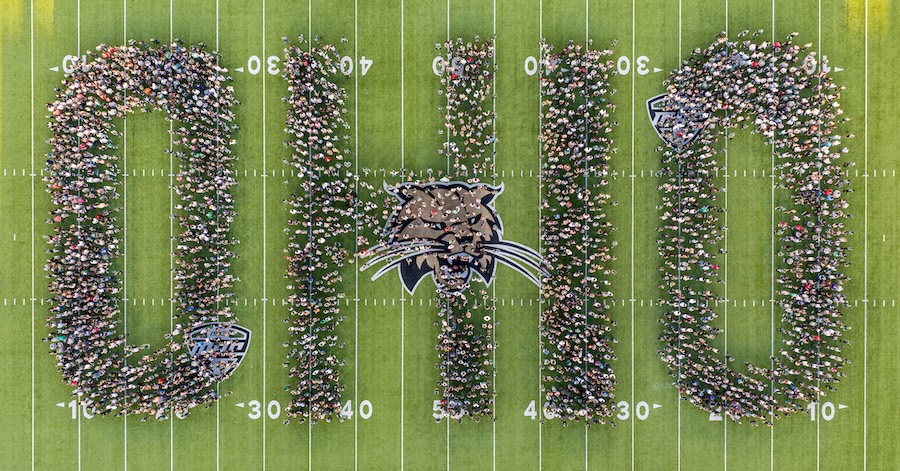 Aerial shot of the class of 2030 spelling out OHIO