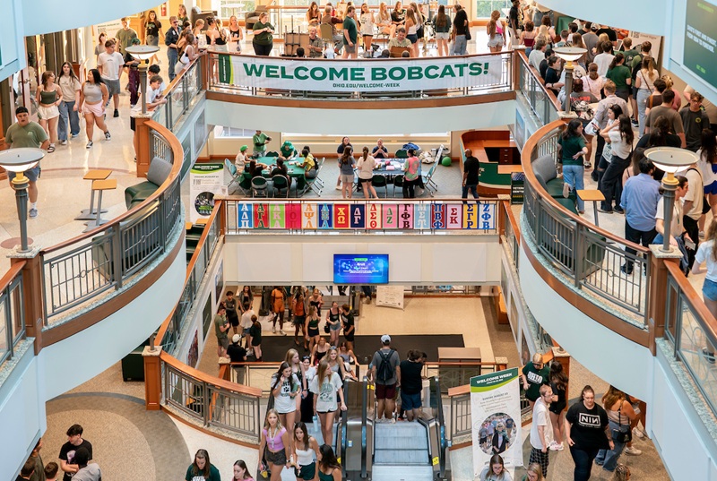 OHIO students fill Baker University Center in this overhead image of a Welcome Week event.
