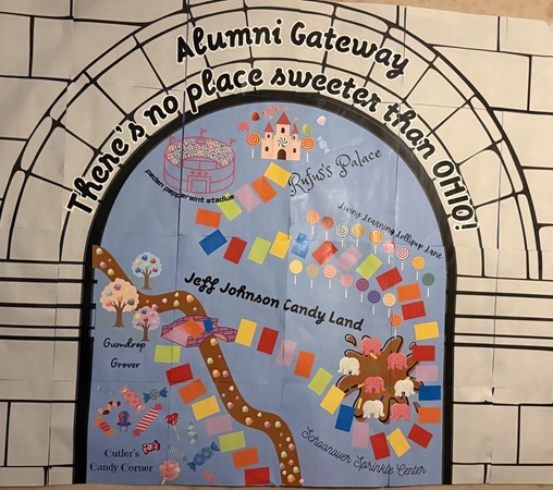 A sign in Jefferson/Johson complex that says Alumni Gateway and then decorations for the Jeff Johnson  Candy Land
