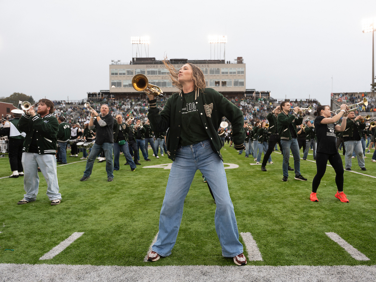 The Marching 110 Alumni band performs at the 2026 OHIO Homecoming game