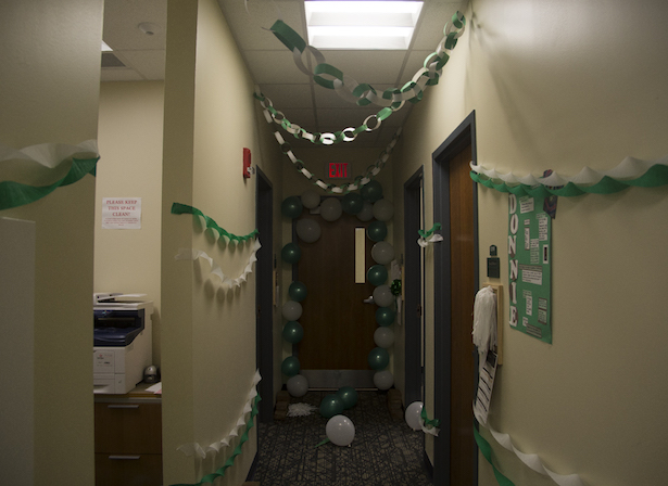 The Department of Human and Consumer Services received the honorable Campus Cup for its explosion of green and white decorations. 