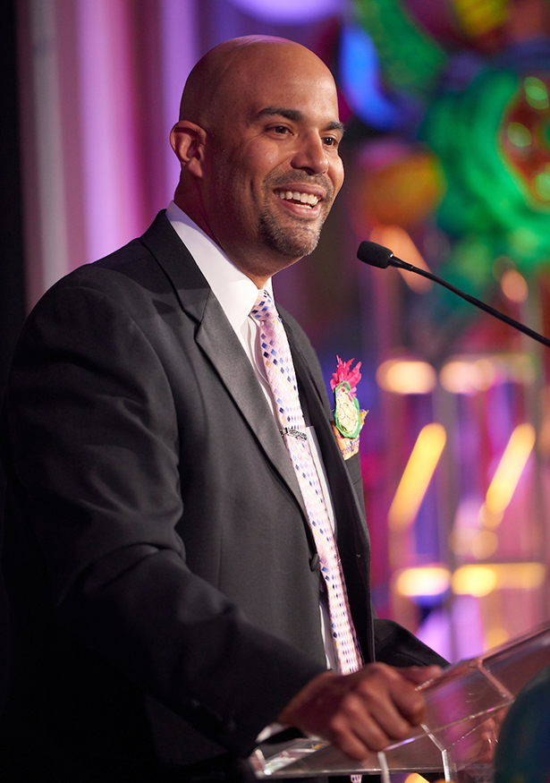 Vice President for Student Affairs Jason Pina, sporting a Passion Works-made boutonniere, shares with the audience some thoughts on the theme of the 35th annual Leadership Awards Gala, “Leading with Passion.”